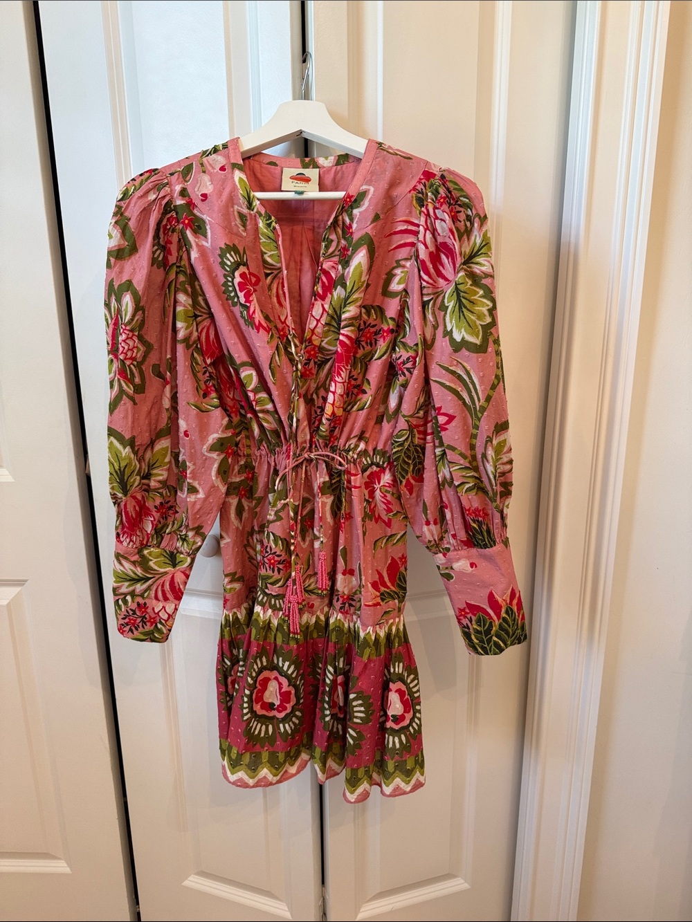 FARM Rio Pink Floral Tie-Front Mini Dress with Green Accents